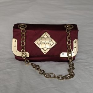 BCBG satin evening purse in burgundy/gold chain